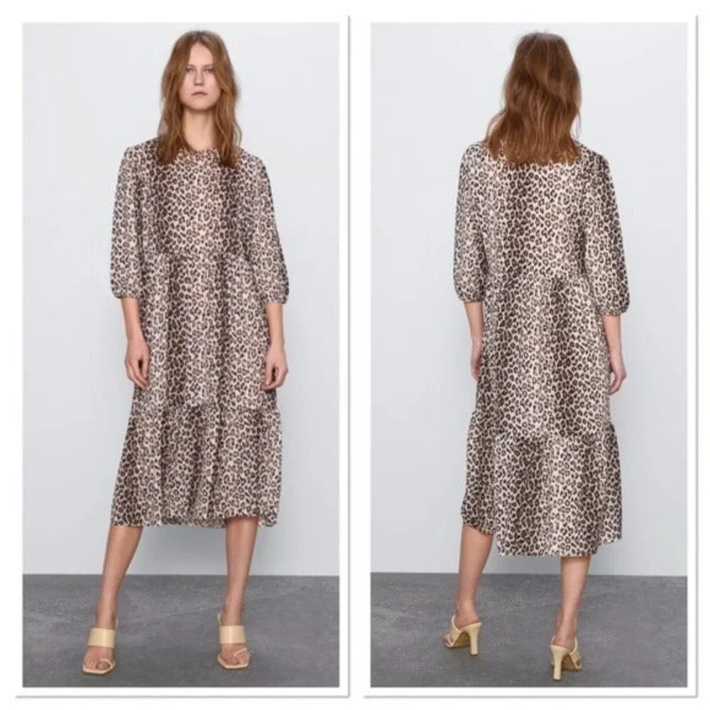 ZARA Leopard cheetah print light 3/4 sleeve Midi dress Sz S